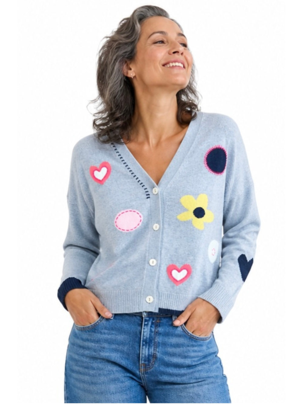 Zaket & Plover Happy Cardi Cashmere & Cotton Blend Embroidered Heart Cardigan S